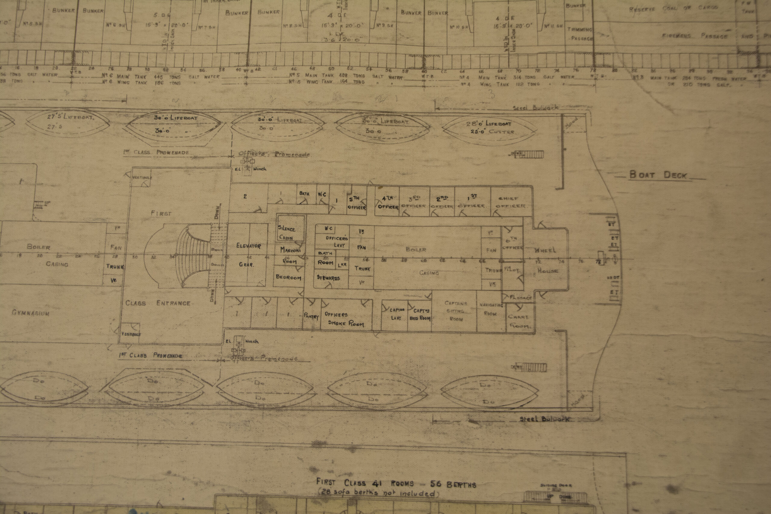 The General Arrangement (GA) plans for the bridge area. These would be similar for both Olympic and Titanic, but Olympic was initially equipped with a curved-front Wheelhouse. Titanic’s was flat-fronted as presented here.