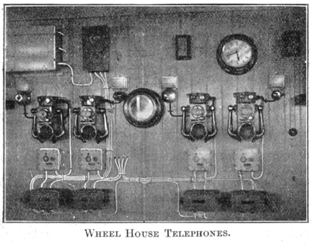 The telephones on the aft wall of the Olympic’s Wheelhouse, shown along with various other types of equipment used to conn and command the ship.